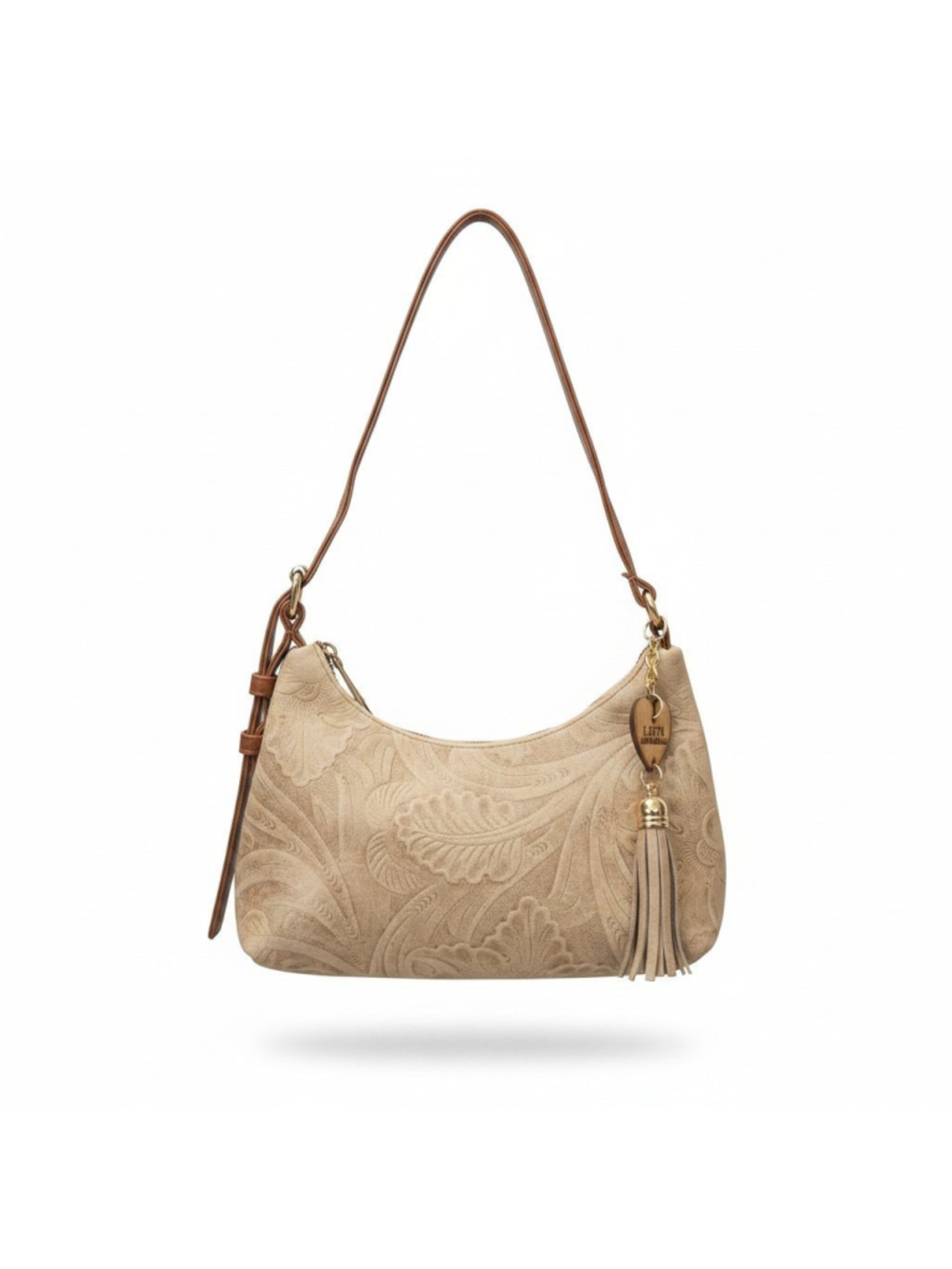 Ivory Beige Small Floral Embossed Tooled Artisan LEATHER Shoulder Bag Purse